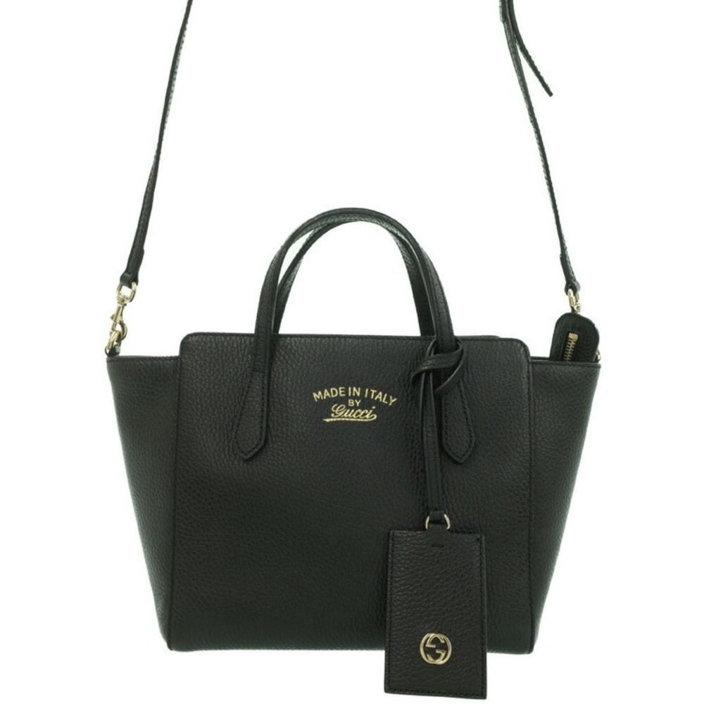 Gucci Swing Top Handle 2way Tote Shoulder Bag pebbled leather Black